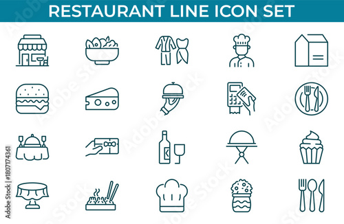 Restaurant and Food Related Line Vector Icon Set. Editable Stroke. Chef, Menu, Cafeteria, Dinner, Serving.