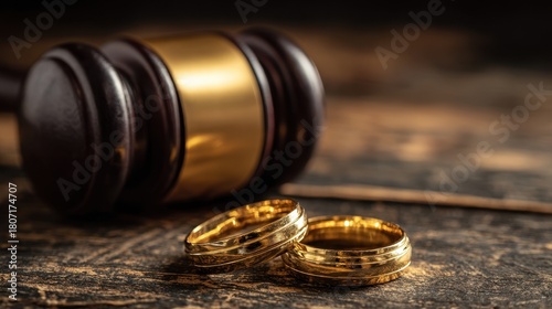 Judge s gavel and dual golden wedding bands signify divorce agreement for the couple amidst the dissolution process
