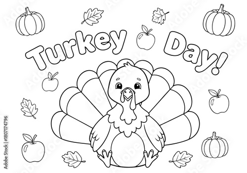 Engaging Turkey Day coloring pages for children featuring a happy cartoon turkey and fall harvest illustrations