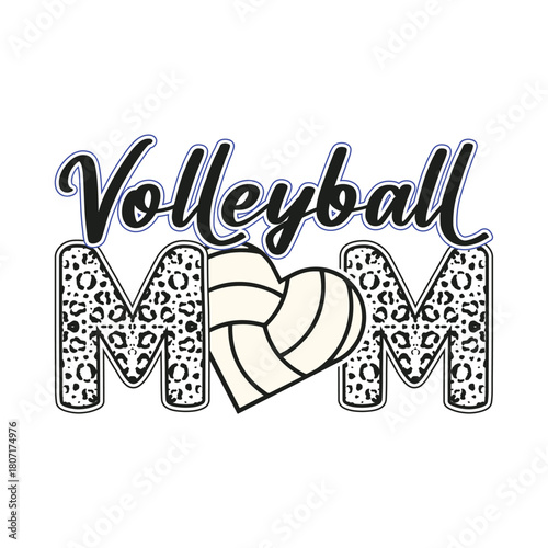 Volleyball mom design leopard print heart sporty family illustration for t shirt sticker poster and trendy artwork