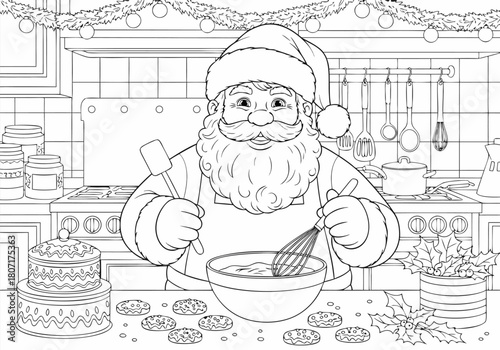 Jolly Santa Claus Baking Christmas Cookies Fun Coloring Pages for Kids and Adults to Enjoy Festive Holiday Season Activity