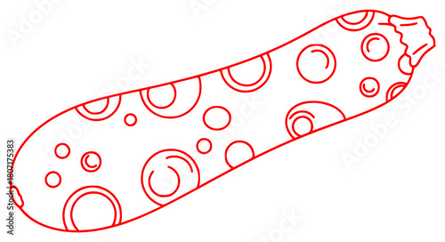 A red and white line drawing of a cucumber with a pattern of circles and swirls, black, dot, draw, illustration, outline, polka dot, sock, against transparent background