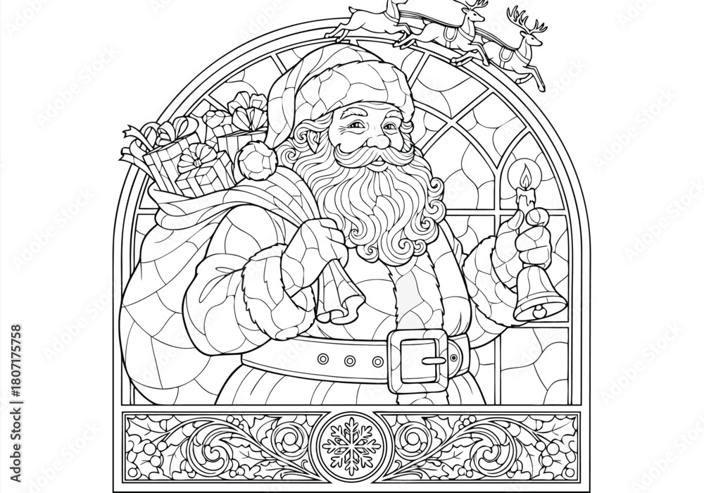 Naklejka premium Intricate Festive Santa Claus and Reindeer Stained Glass Coloring Pages for Seasonal Enjoyment