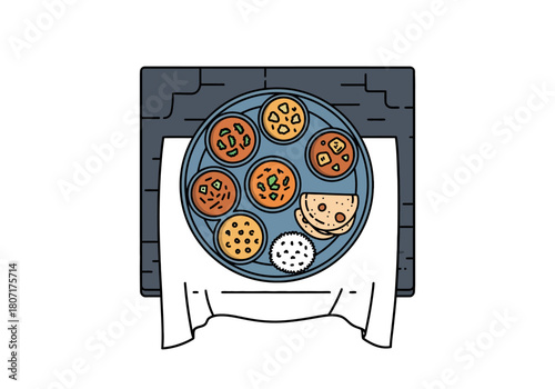 Illustration of Traditional Indian Thali with Rice, Curries, and Flatbread