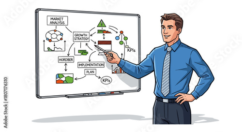 Business Presentation Man Explaining Growth Strategy on Whiteboard