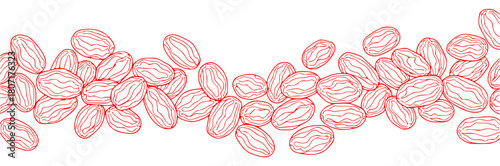 A line drawing of a repeating pattern of peanuts, almond, draw, fruit, illustration, mixture, nut, peanut, pistachio, seed, against transparent background