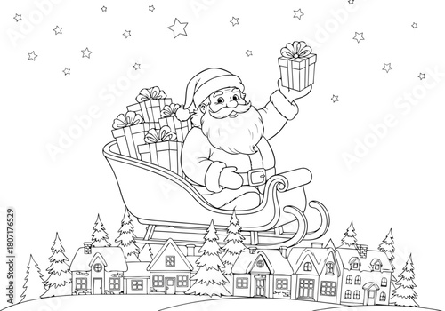 Classic Santa Claus in his sleigh above a winter village with gifts, wonderful Christmas coloring pages