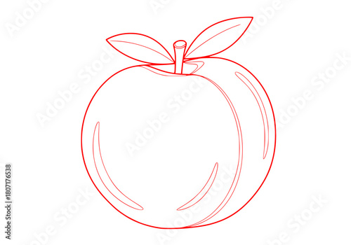 A line drawing of an apple with a leaf on top, apple, apricot, drawing, leaf, nectarine, outline, peach, plum, stair, against transparent background