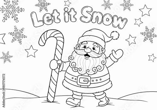 Cheerful Santa Claus Holding Candy Cane with 'Let It Snow' Text Outline for Coloring Pages Fun and Winter Activity