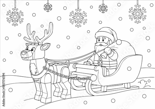 Charming Christmas Santa Sleigh and Reindeer Scene Outline Coloring Pages for Kids