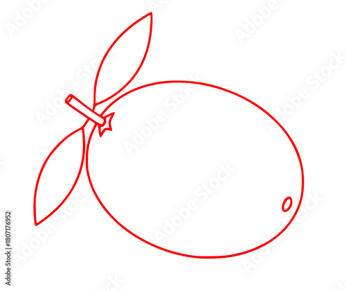A line drawing of an orange with a leaf and a pointy tip, fruit, leaf, lemon, line, orange, against transparent background