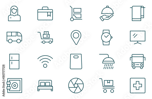 Hotel line icons set. Rental property icons. Set of hotel booking, five-star hotel, service line vector web icon. Editable stroke outline icon.