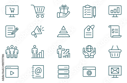 Digital Marketing Line Icon Set. Customer, Community, Video Marketing, Strategy, Keywords, Pay Per Click