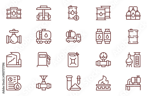 Oil and gas outline icon set. Contains icons oil well, gas station, gasoline, tanker, burner, fuel, canister, petroleum and more.