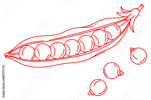 A line drawing of a pea pod with six peas and three lemons, bean, draw, drawing, green, illustration, olive, onion, pea, pod, sketch, against transparent background