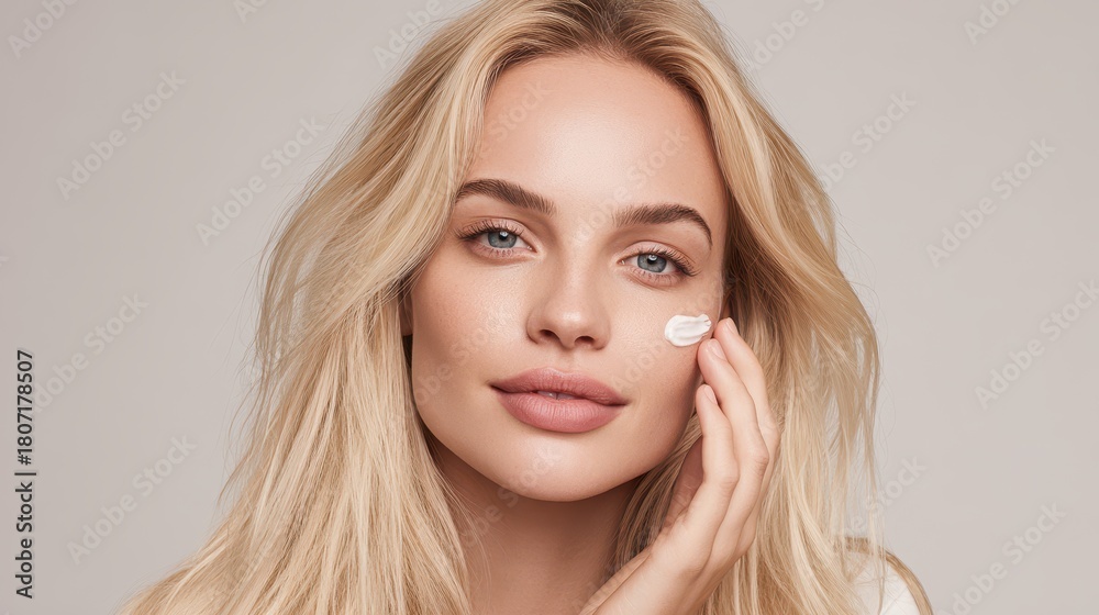 Naklejka premium Facial care Attractive woman applies cream to a model with gray features Blonde model with hand on face Spa treatment Skin therapy Cosmetic fillers