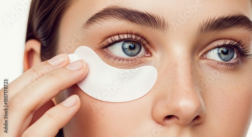 Extreme close-up of a young woman with beautiful blue eyes applying a white cosmetic patch under her eye for a rejuvenating skincare treatment against wrinkles and puffiness
