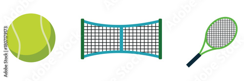 Tennis Equipment Illustration Featuring Ball, Net, and Racket Elements