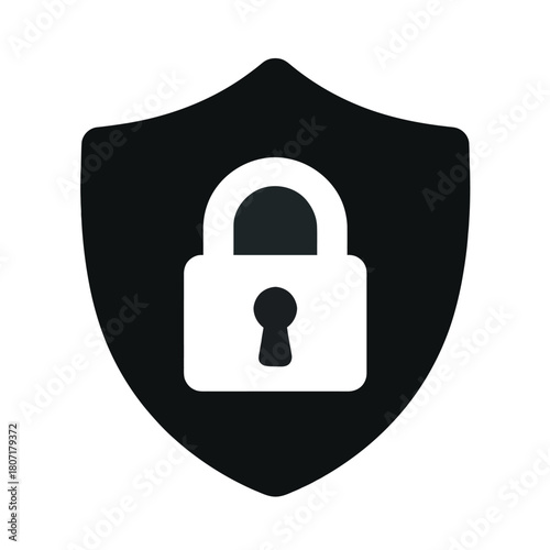 A black shield with a white padlock icon on a white background, representing digital security, data protection, and online privacy.