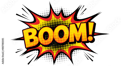 Dynamic comic book style 'BOOM!' sound effect with explosive burst and halftone dots, capturing a powerful impact in a vibrant pop art illustration