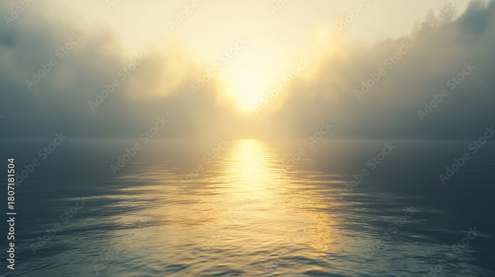 Obraz premium A serene sunrise over water, with fog creating a mystical atmosphere and reflecting golden light on the calm surface.