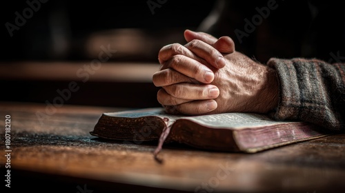 Man praying with a Bible in the morning hands clasped in church reflecting faith and spirituality