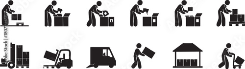 Illustration of a warehouse worker packing and shipping goods