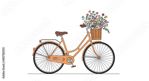 Orange bicycle with a basket full of colorful flowers on a white background.