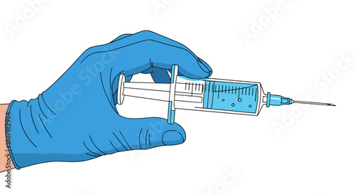 Hand wearing a blue glove holding a syringe filled with blue liquid.