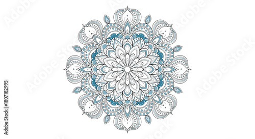 Intricate blue and white mandala design with symmetrical floral patterns on a white background.