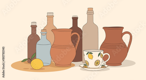 Illustration of ceramic pitchers, bottles, a lemon, and a teacup with lemon pattern on a light background.
