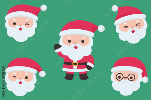 Cute Santa face and full body character set with various expressions in festive style