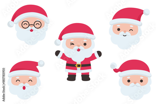 Santa face set with smiling and winking expressions alongside a full body holiday character