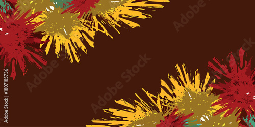 Abstract autumnal splatter design with warm colors on a dark brown background