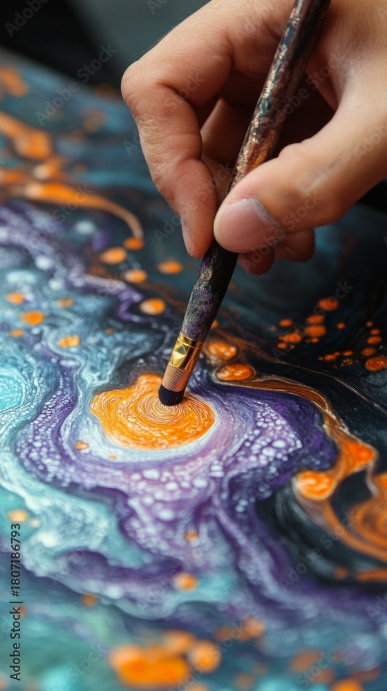Obraz premium The artist creates a mesmerising whirlwind of colours, mixing shades of orange and purple on canvas, perfect for an atmospheric backdrop in an art studio or creative workshops.