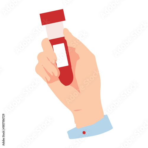 Hand holding a test tube with blood, symbolizing medical testing and healthcare analysis in a clinical setting