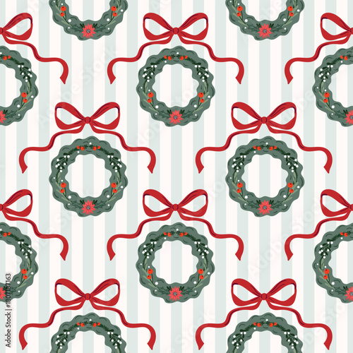 Seamless Christmas Pattern with Festive Wreaths, Red Bows, Winter Greenery, and Soft Striped Background