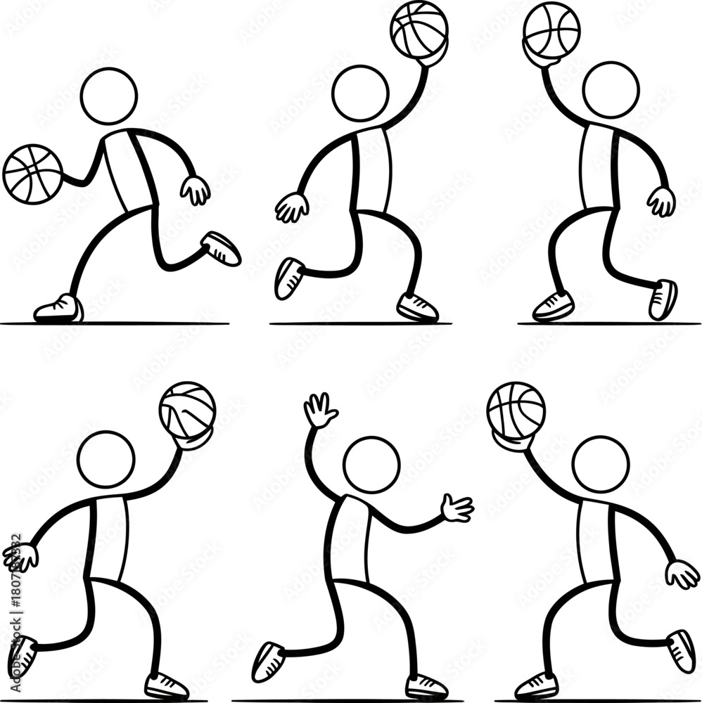 Fototapeta premium Stick figures playing basketball actions set. dynamic sports outline.