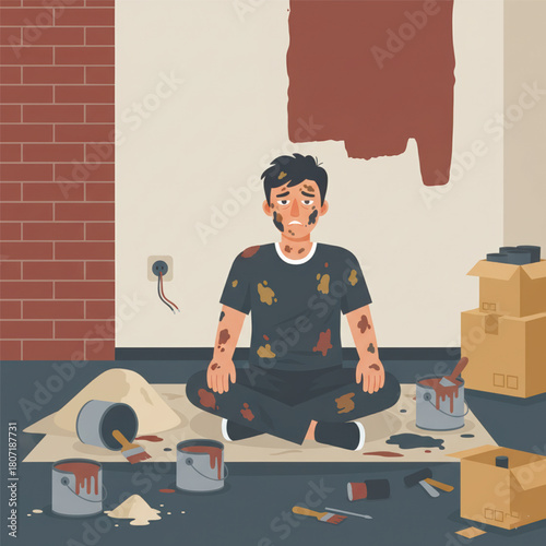 Flat illustration of a sad, exhausted man sitting amidst spilled paint buckets, brushes, and materials, covered in various paint splatters. Vector illustration