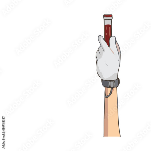 A scientist's gloved hand holding a test tube containing a blood sample for laboratory analysis and medical research