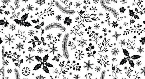 Delicate black and white floral pattern with leaves and feather details