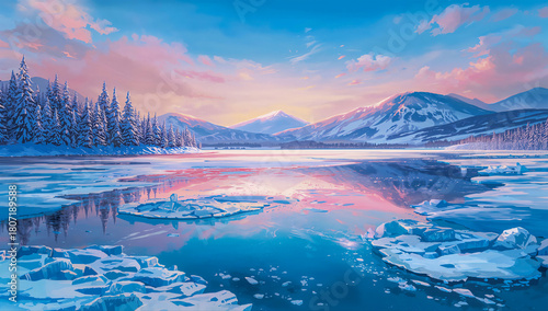 Winter landscape snow mountain lake ice trees frozen scenery painting art