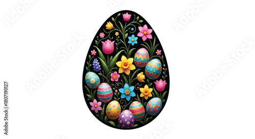 A beautifully decorated easter egg with colorful flowers and smaller eggs