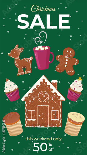 Vertical Sale Banner for Stories with gingerbread house, cupcakes, man, reindeer, cocoa, panettone. Christmas sale text on dark green background. Vector template design