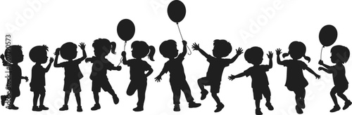 Happy children playing together with balloons, joyful kids silhouette, fun childhood moment, energetic group celebration in harmony