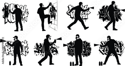 Black Silhouettes of Graffiti Artists Spray Painting Urban Tagging and Street Art with Aerosol Cans, Wearing Gas Masks for Protection Against Paint Fumes, Vector Set.