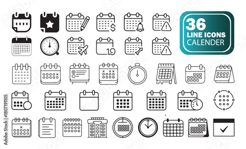 Calendar vector icons, line style date month week agenda reminder and event graphics, minimal illustration pack