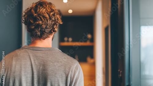Excited young man enters his new apartment admiring the modern interior from the doorway