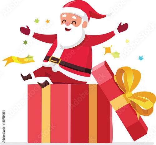 Joyful Santa Claus Emerging from a Festive Christmas Gift Box