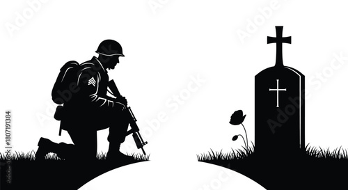 A solemn soldier kneels in remembrance before a gravesite with a cross